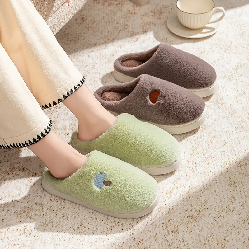 Mushroom Head Embroidered Cotton Slippers for Men, Autumn and Winter Indoor Home Use, Thick-Soled Warm Fleece-Lined Couple Confinement Slippers for Women