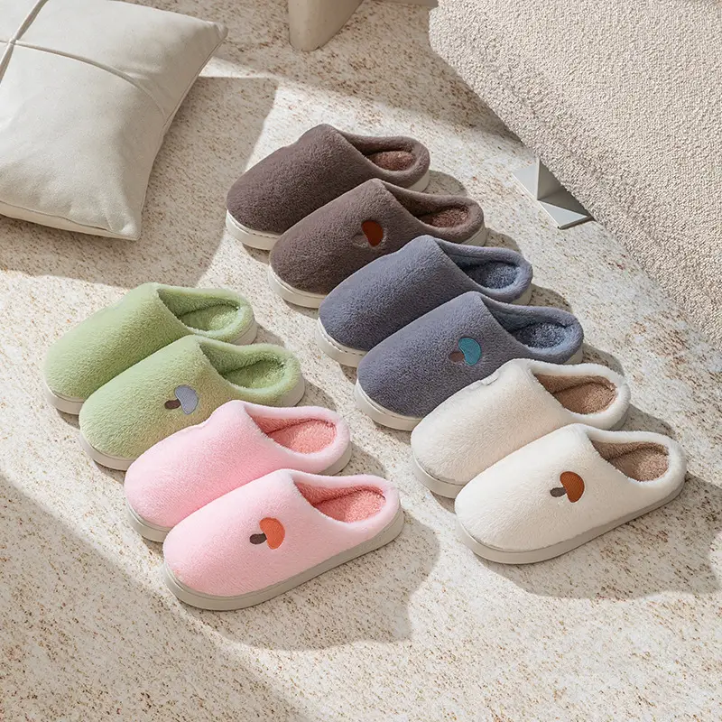 Mushroom Head Embroidered Cotton Slippers for Men, Autumn and Winter Indoor Home Use, Thick-Soled Warm Fleece-Lined Couple Confinement Slippers for Women