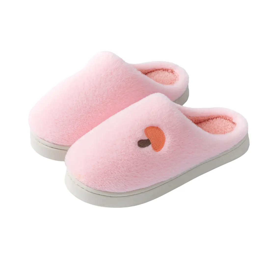 Mushroom Head Embroidered Cotton Slippers for Men, Autumn and Winter Indoor Home Use, Thick-Soled Warm Fleece-Lined Couple Confinement Slippers for Women
