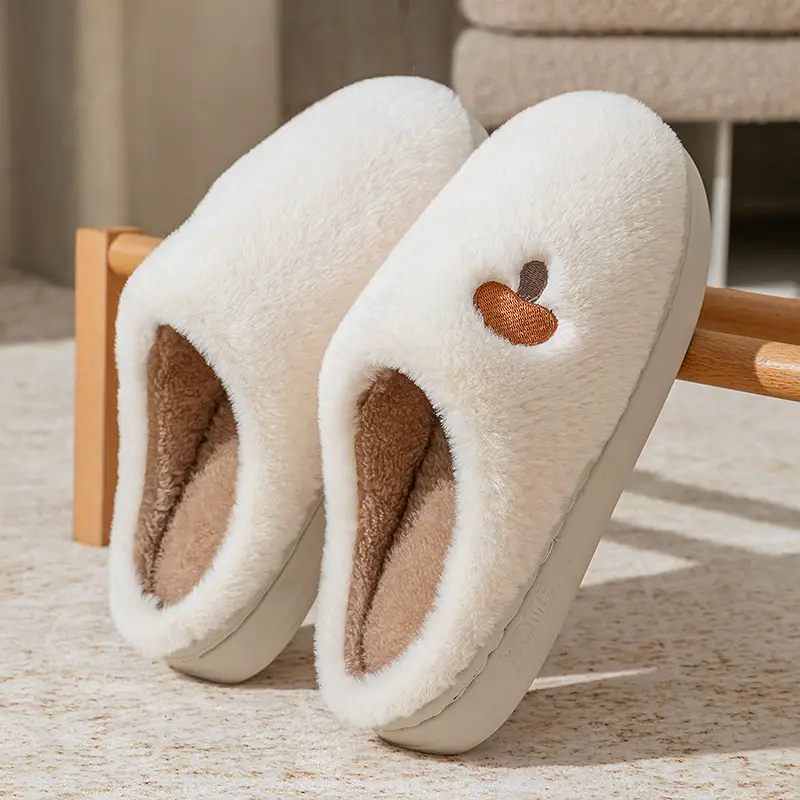 Mushroom Head Embroidered Cotton Slippers for Men, Autumn and Winter Indoor Home Use, Thick-Soled Warm Fleece-Lined Couple Confinement Slippers for Women