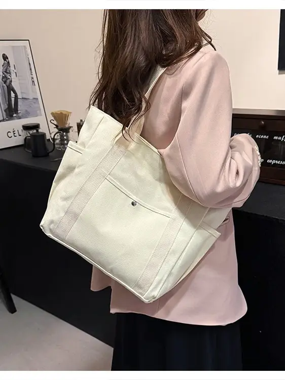 Black Large Canvas Shoulder Bag for Women - Image 6