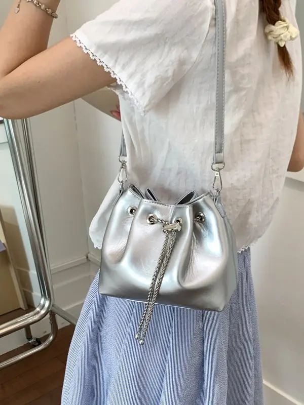 Silver High-End Bucket Bag for Women with Chain Strap - Image 6