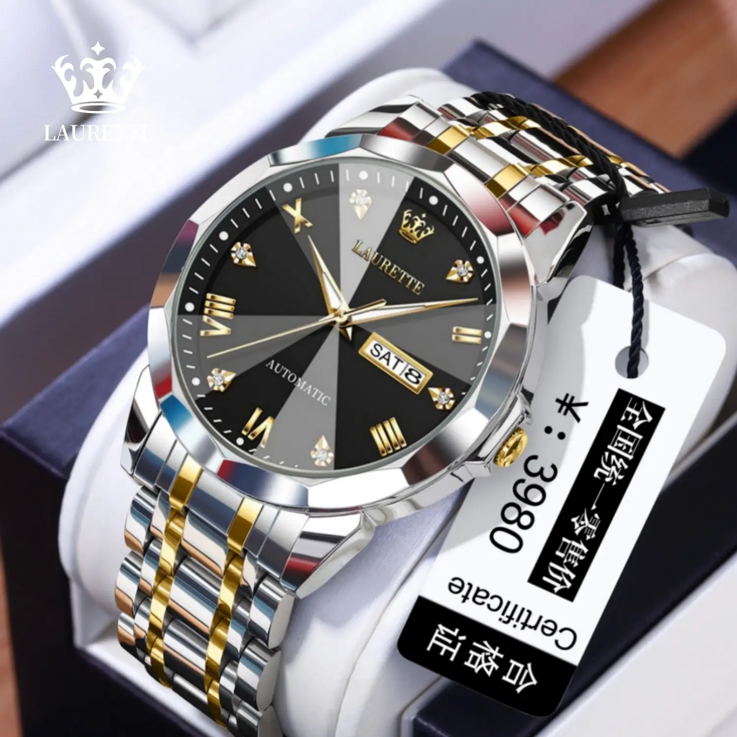 Laurit Fake Mechanical Watch Men Blue Gold Dual Calendar