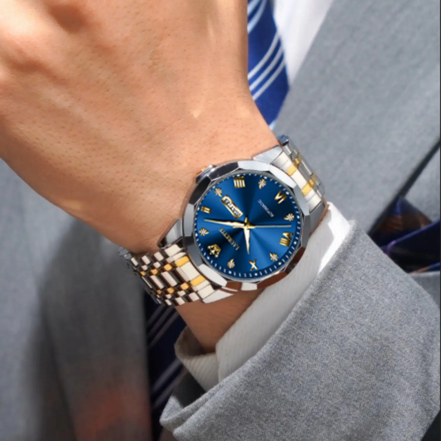 Laurit Fake Mechanical Watch Men Blue Gold Dual Calendar