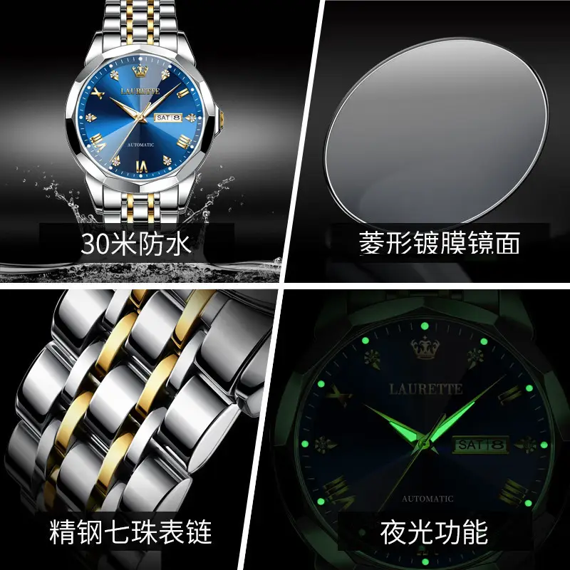 Laurit Fake Mechanical Watch Men Blue Gold Dual Calendar