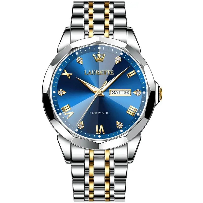 Laurit Fake Mechanical Watch Men Blue Gold Dual Calendar