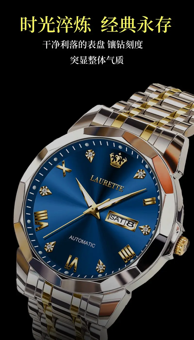 Laurit Fake Mechanical Watch Men Blue Gold Dual Calendar — feature 3