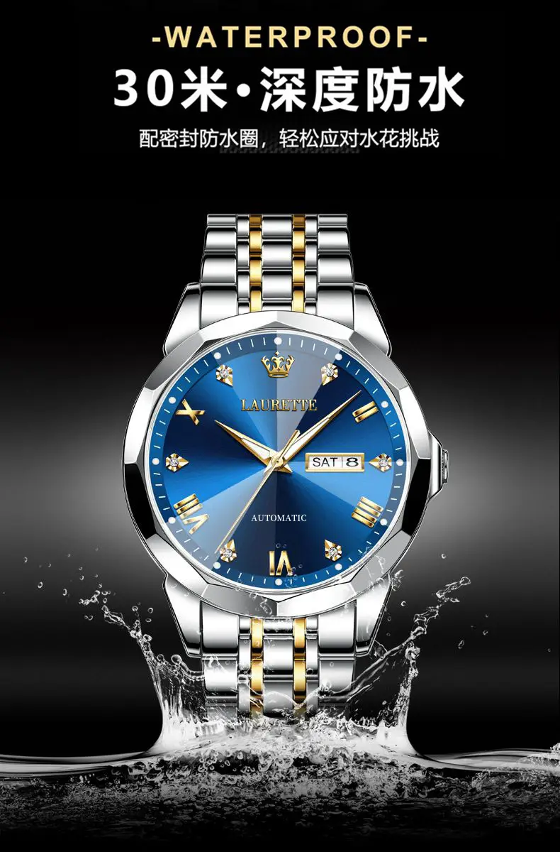 Laurit Fake Mechanical Watch Men Blue Gold Dual Calendar — feature 4