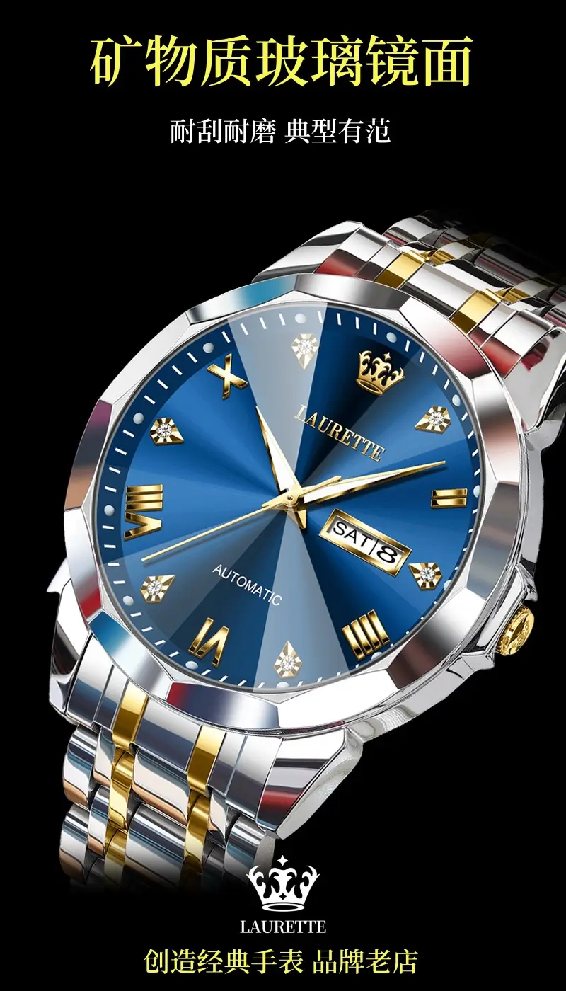 Laurit Fake Mechanical Watch Men Blue Gold Dual Calendar — feature 8