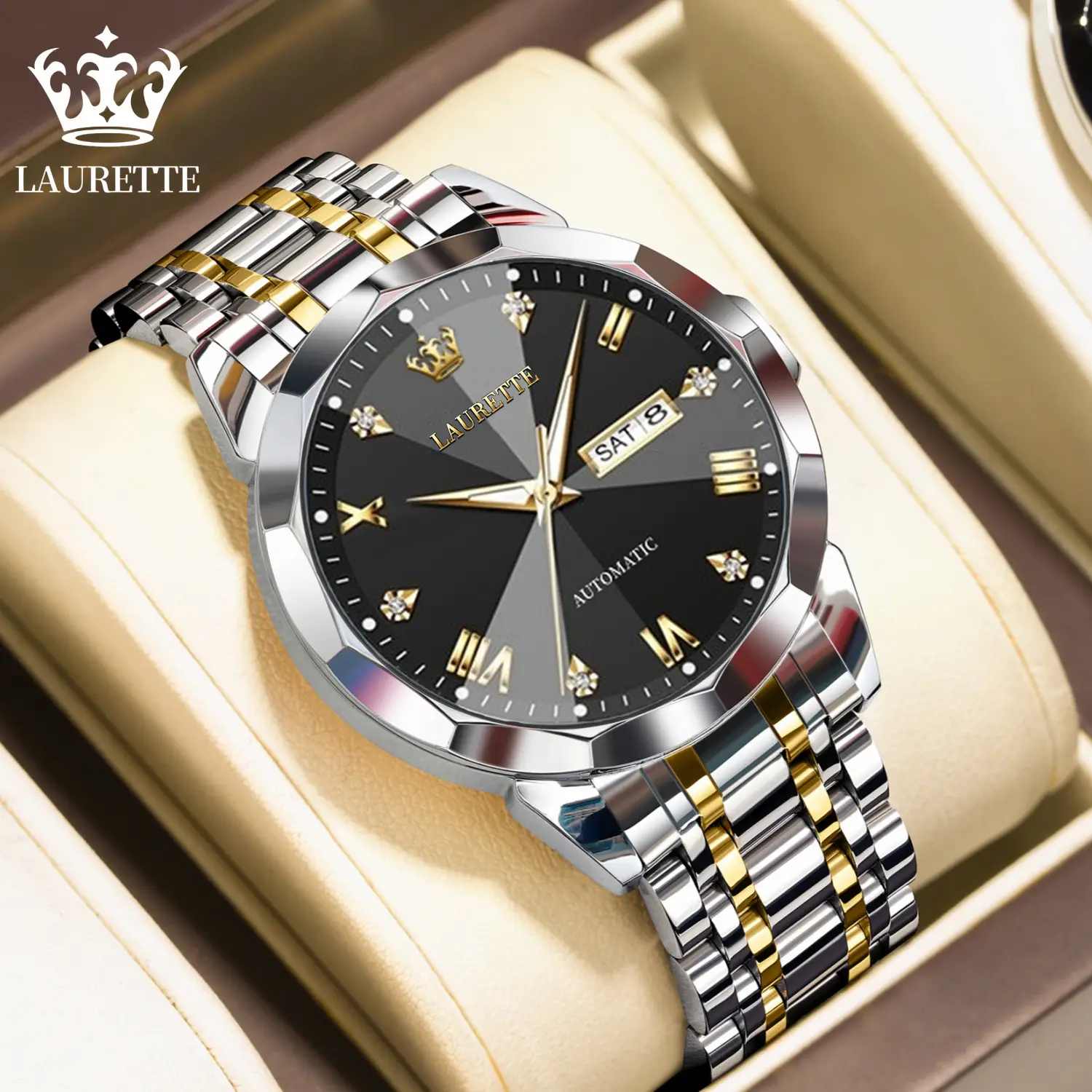 Laurit Fake Mechanical Watch Men Blue Gold Dual Calendar