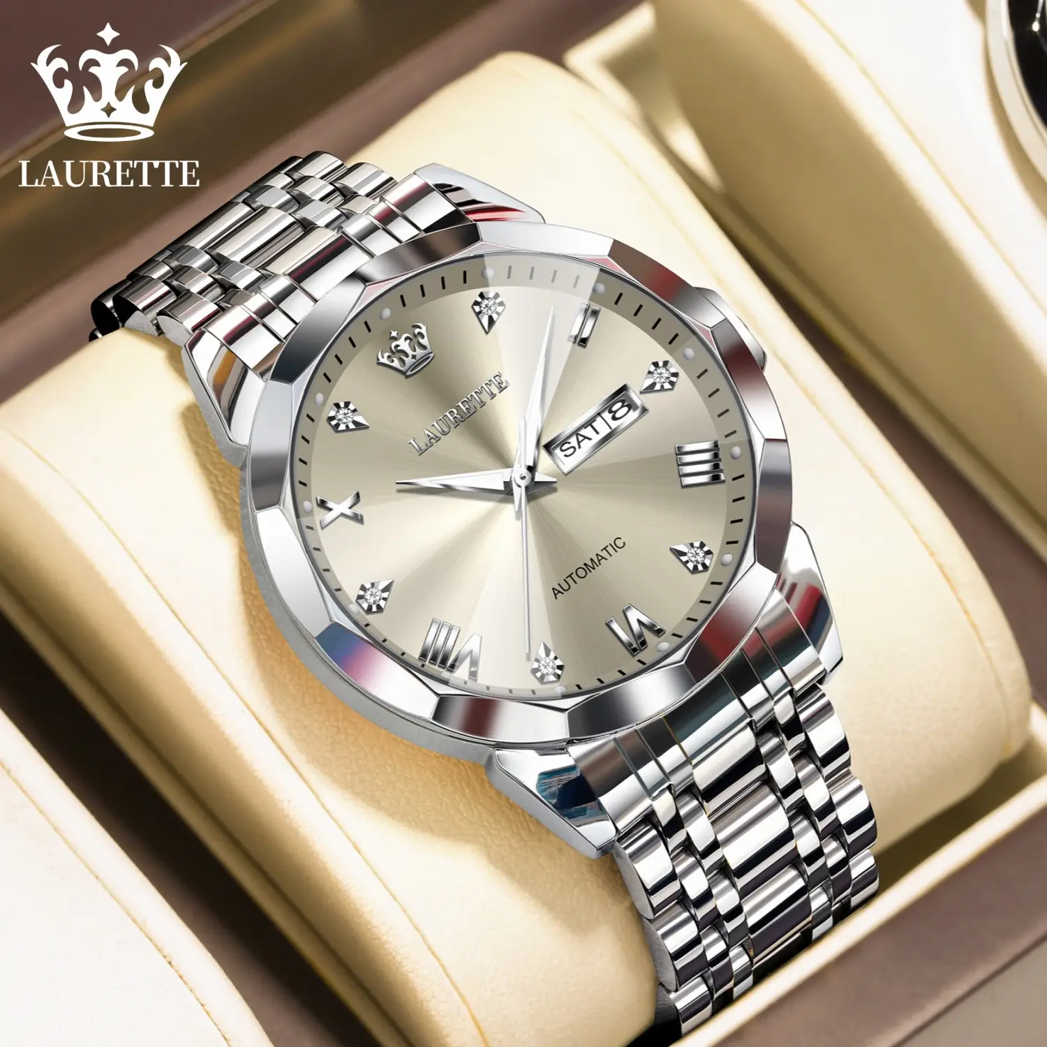 Laurit Fake Mechanical Watch Men Blue Gold Dual Calendar