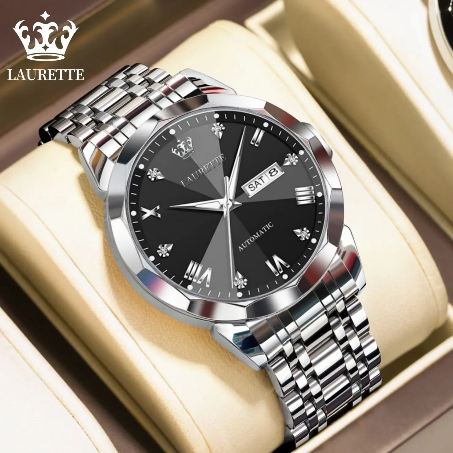 Laurit Fake Mechanical Watch Men Blue Gold Dual Calendar