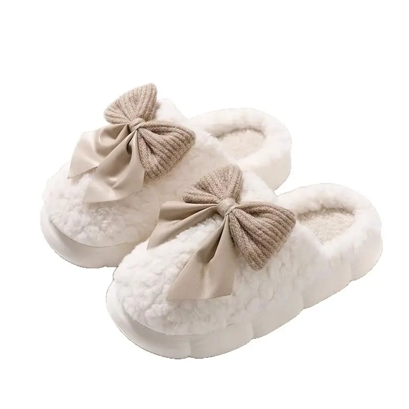 Cotton Slippers for Men and Women, Winter Bow-Knot Cartoon Home Slippers, Indoor Warm Plush Slippers with Thick Pvc Soles, Maternity Shoes