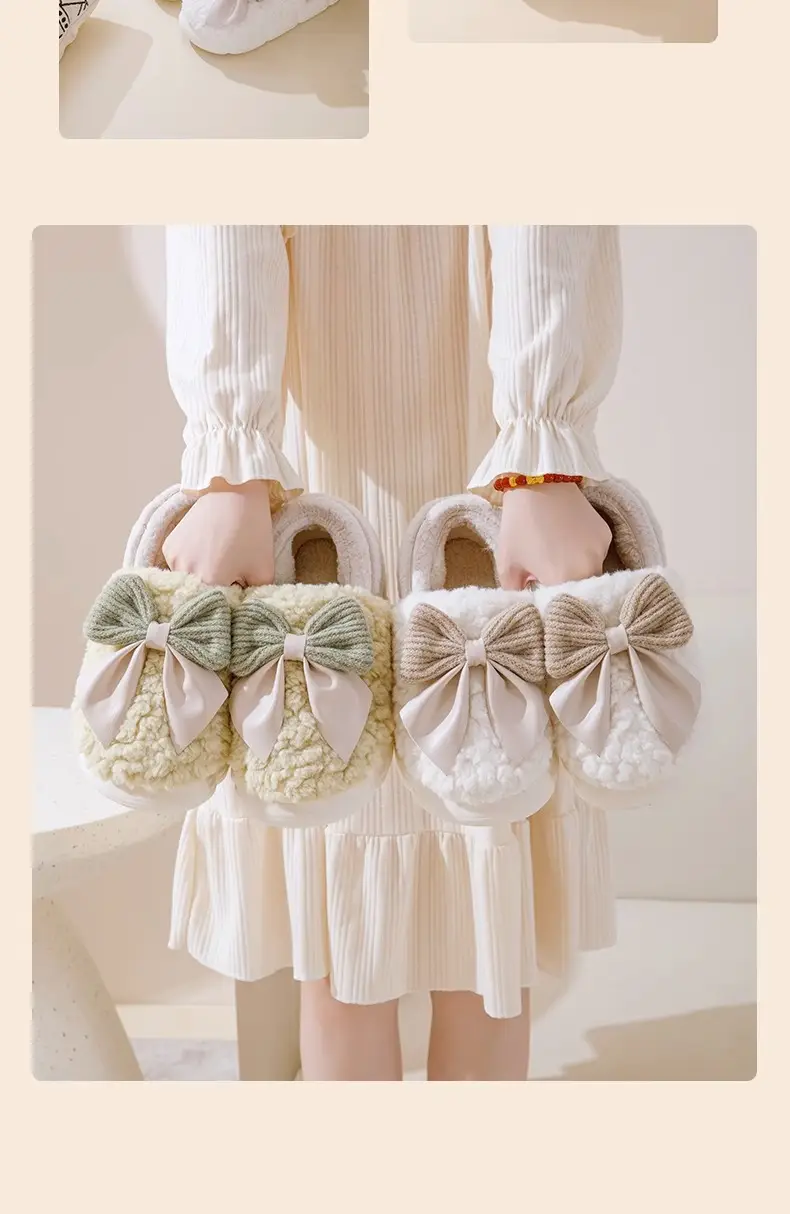 Cotton Slippers for Men and Women, Winter Bow-Knot Cartoon Home Slippers, Indoor Warm Plush Slippers with Thick Pvc Soles, Maternity Shoes — feature 40