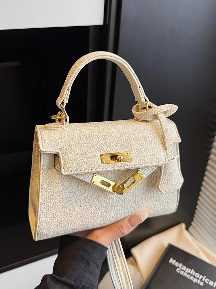 Women's Beige Crossbody Shoulder Bag with Gold Clasp - Image 7