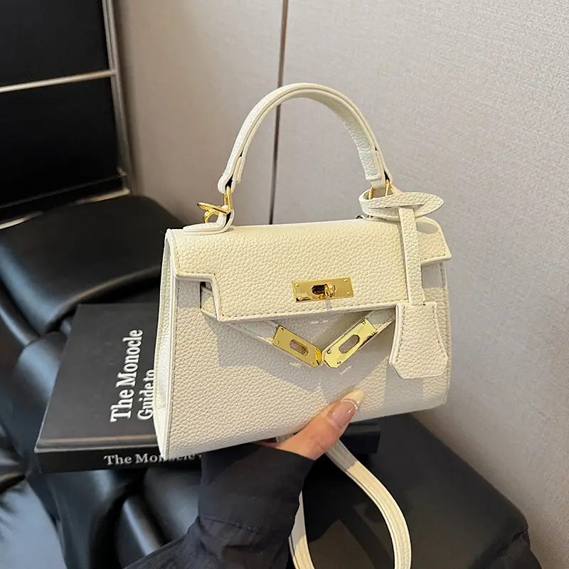Women's Beige Crossbody Shoulder Bag with Gold Clasp - Image 6
