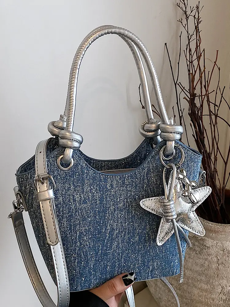 Blue Denim Bucket Bag with Star Charm - Image 4