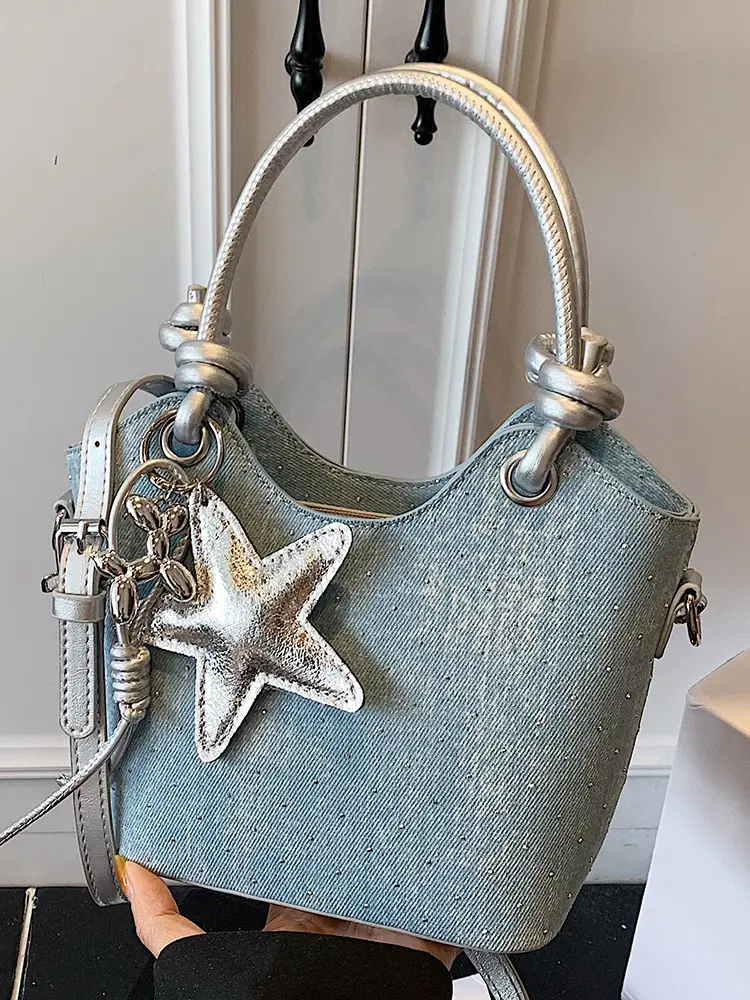 Blue Denim Bucket Bag with Star Charm - Image 5