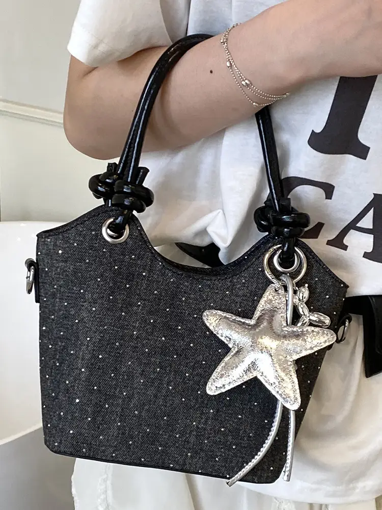 Blue Denim Bucket Bag with Star Charm - Image 6