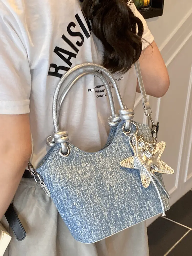 Blue Denim Bucket Bag with Star Charm - Image 7