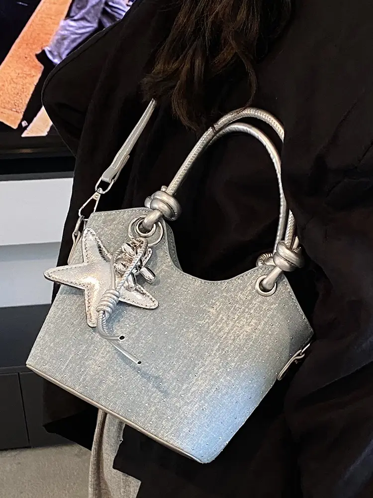 Blue Denim Bucket Bag with Star Charm - Image 8