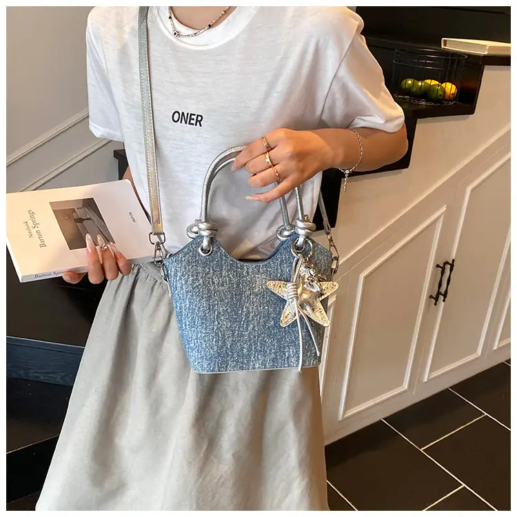 Blue Denim Bucket Bag with Star Charm — feature 17