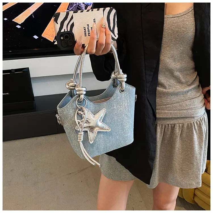 Blue Denim Bucket Bag with Star Charm — feature 19