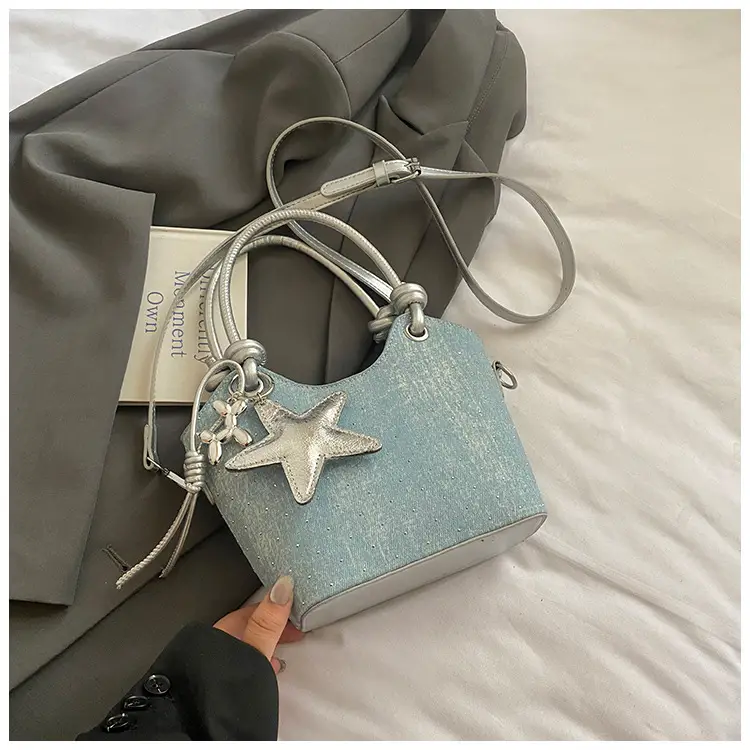 Blue Denim Bucket Bag with Star Charm - Image 3