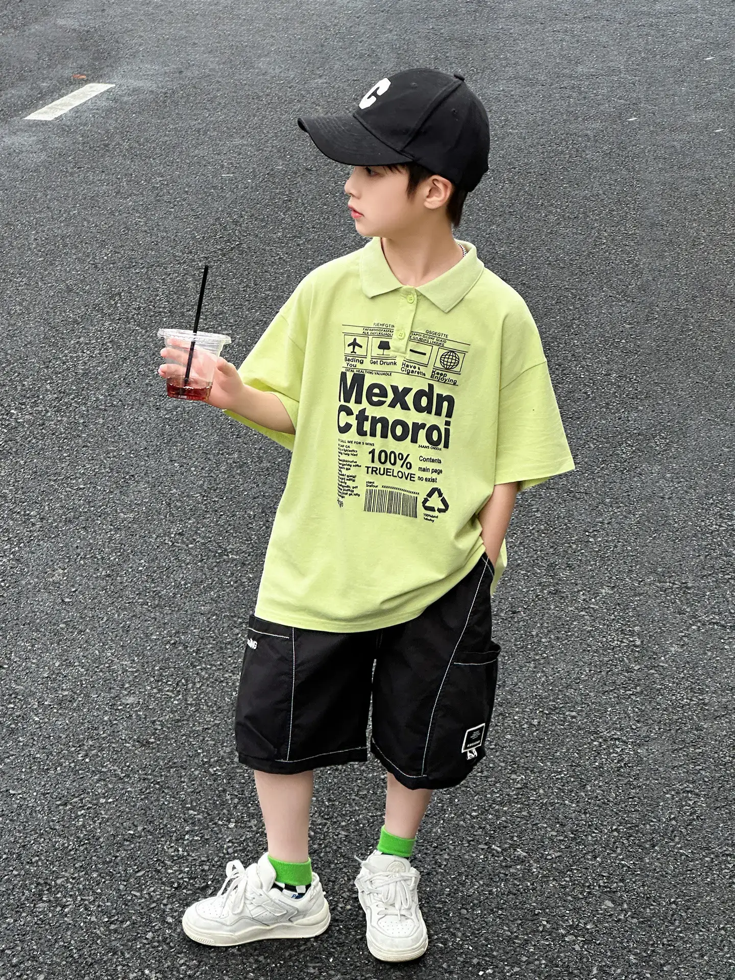 Boys Polo Shirt Light Green Panda Print Medium Large - Image 5