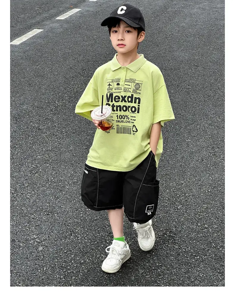 Boys Polo Shirt Light Green Panda Print Medium Large — feature 31