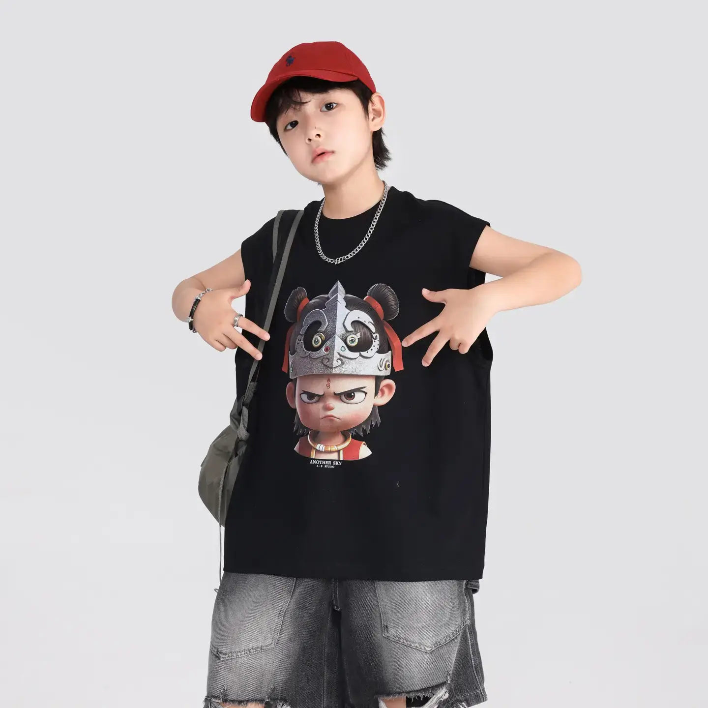 Boys Nezha Sleeveless T-Shirt 2026 Cotton Cream