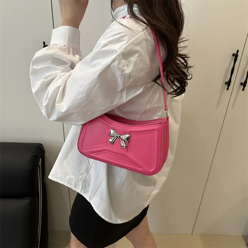 White Bow Shoulder Bag with French Texture - Image 6