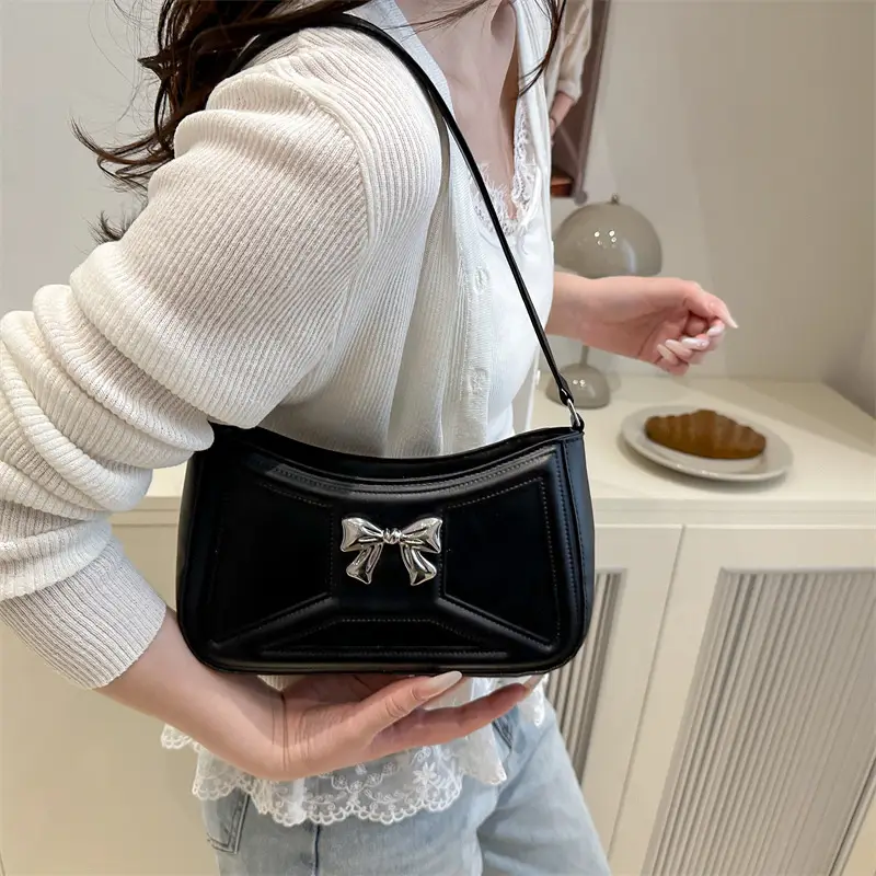 White Bow Shoulder Bag with French Texture - Image 8