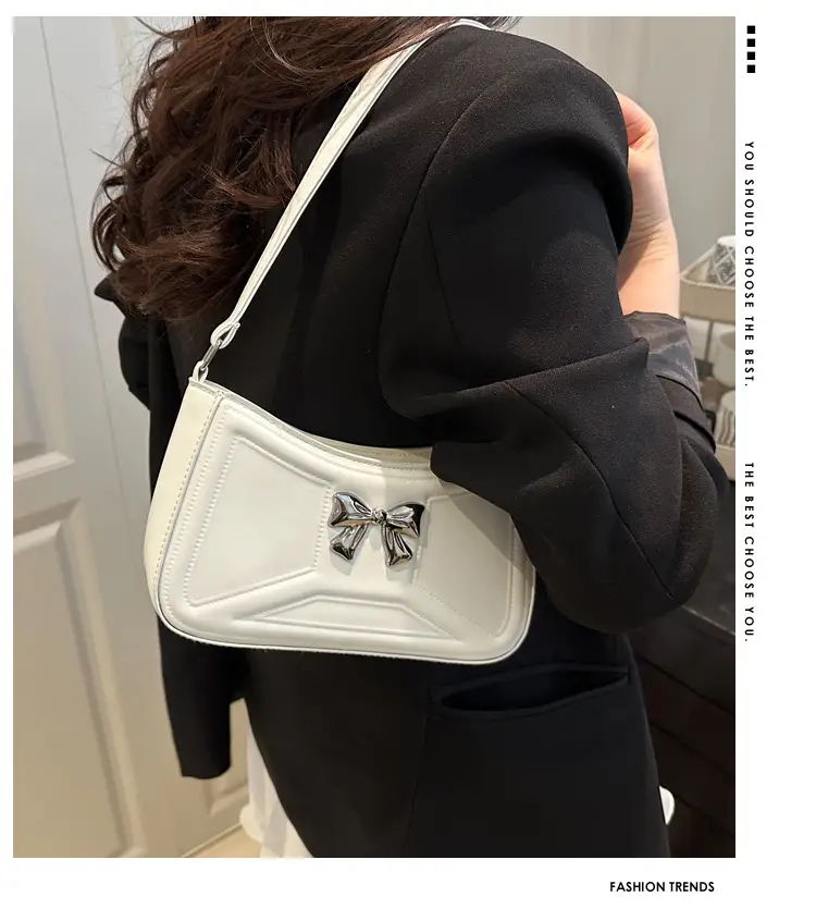 White Bow Shoulder Bag with French Texture — feature 1