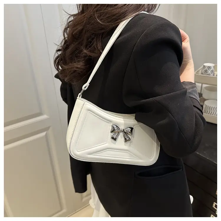 White Bow Shoulder Bag with French Texture — feature 18