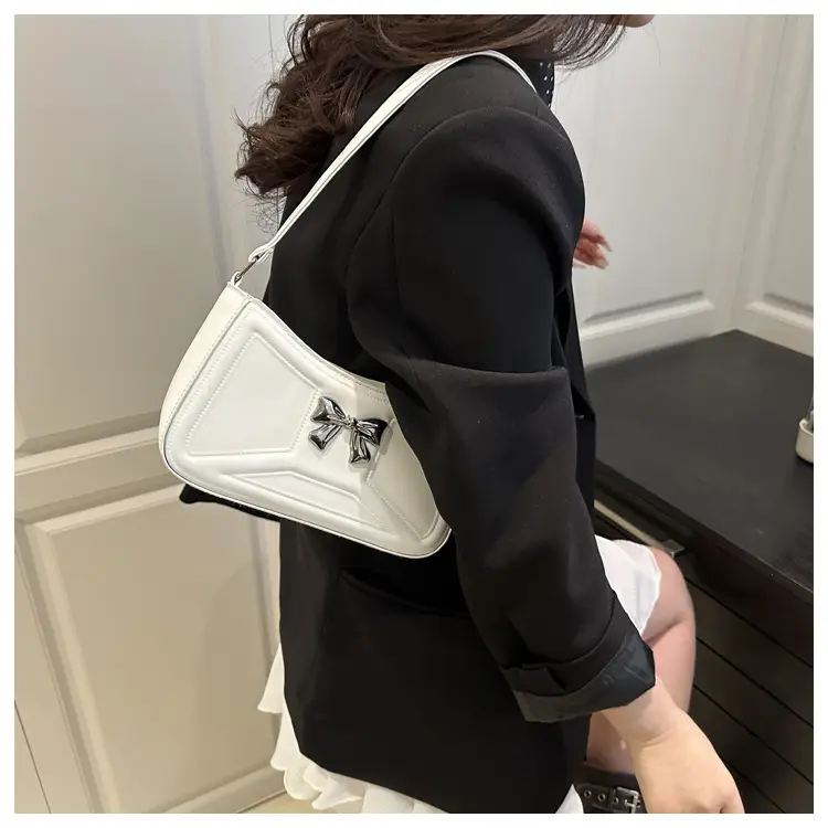 White Bow Shoulder Bag with French Texture — feature 19