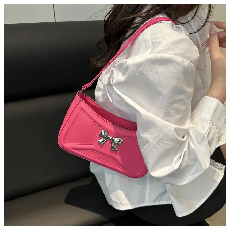 White Bow Shoulder Bag with French Texture — feature 23