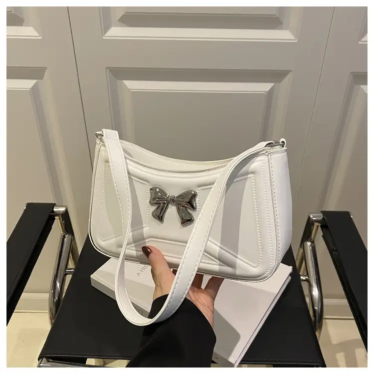White Bow Shoulder Bag with French Texture — feature 48