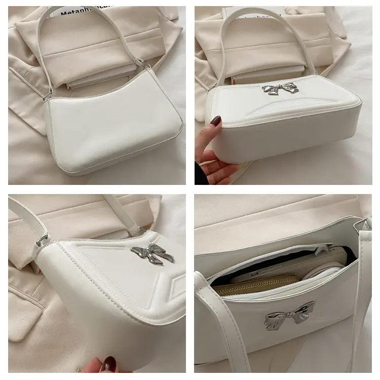 White Bow Shoulder Bag with French Texture — feature 8