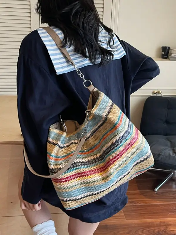 Women's Striped Straw Shoulder Bag Large Capacity 2025 - Image 6