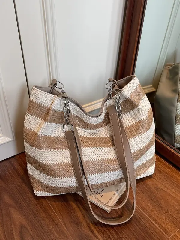 Women's Striped Straw Shoulder Bag Large Capacity 2025 - Image 7