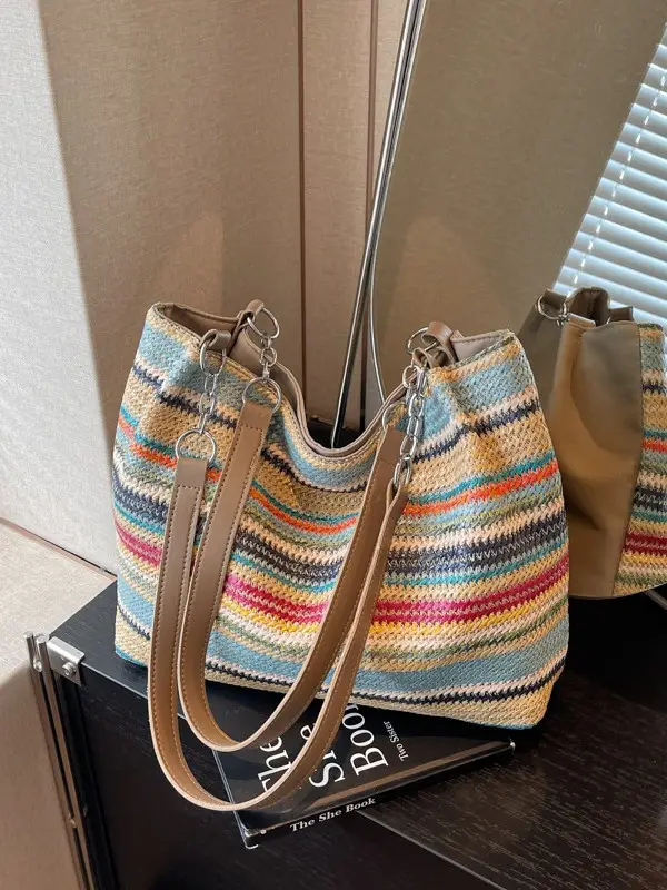 Women's Striped Straw Shoulder Bag Large Capacity 2025 - Image 8