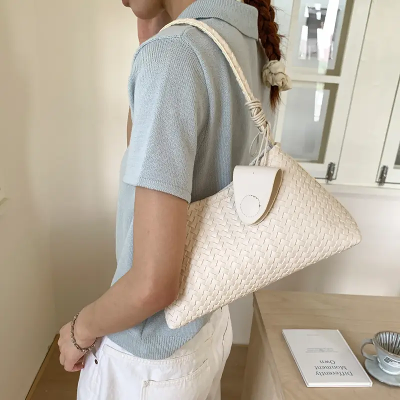 Light Blue Woven Shoulder Tote Bag for Women