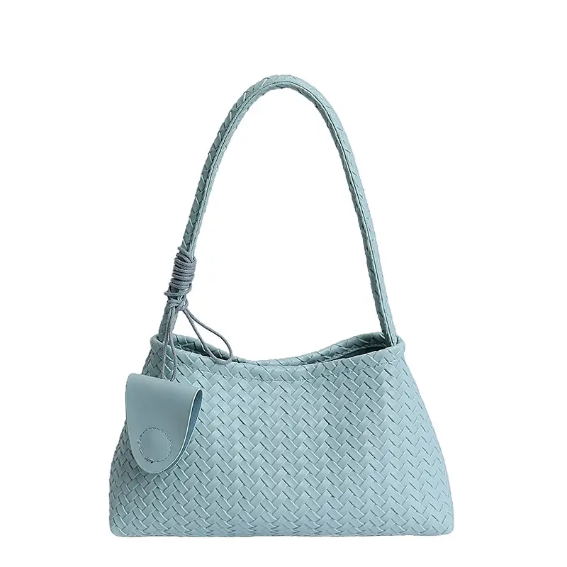 Light Blue Woven Shoulder Tote Bag for Women