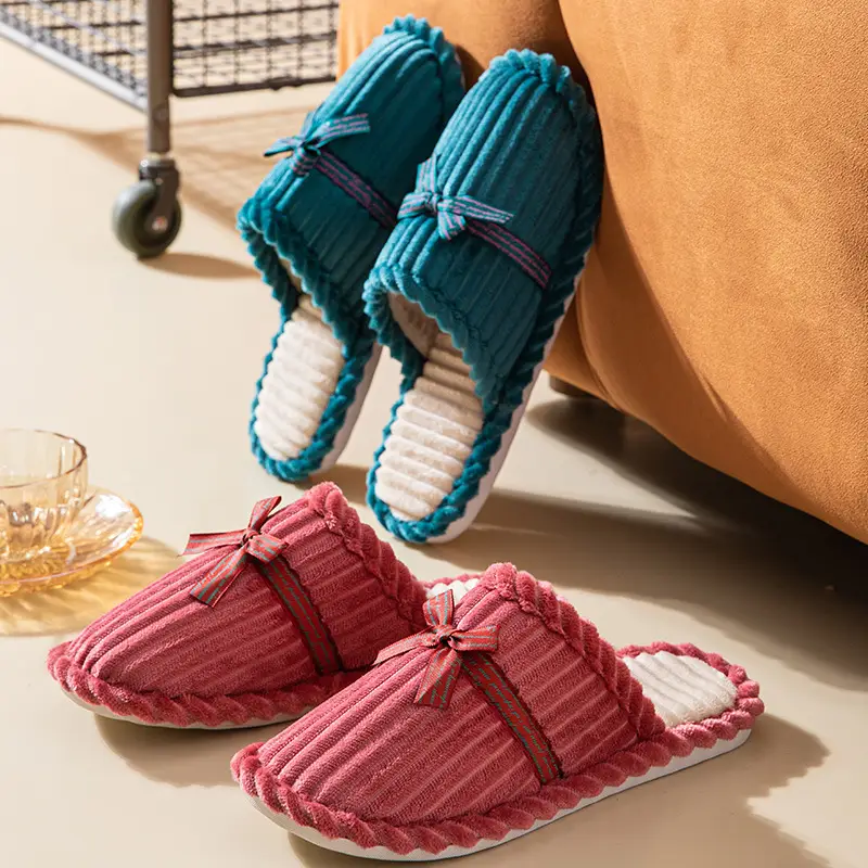 Corduroy Cotton Slippers for Men and Women, Autumn and Winter Couples Indoor Non-Slip Warm Plush Slippers for Home Leisure