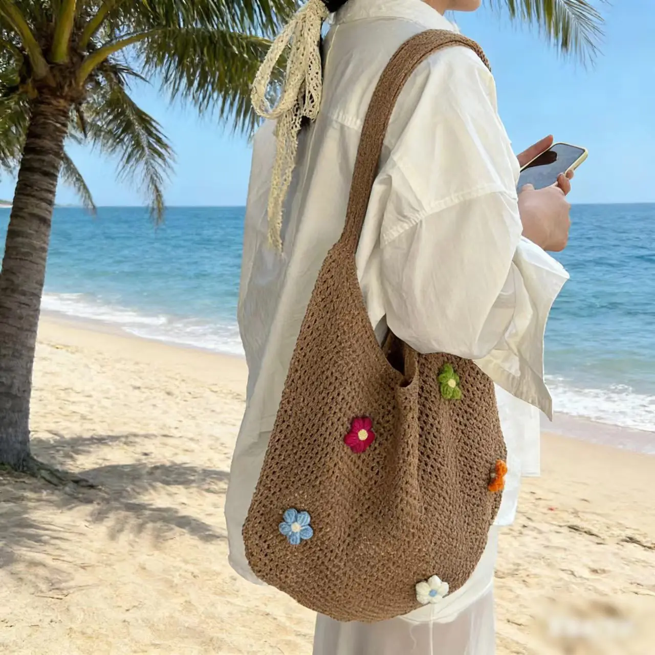 Women's Woven Straw Beach Bag with Flower Accent - Image 11