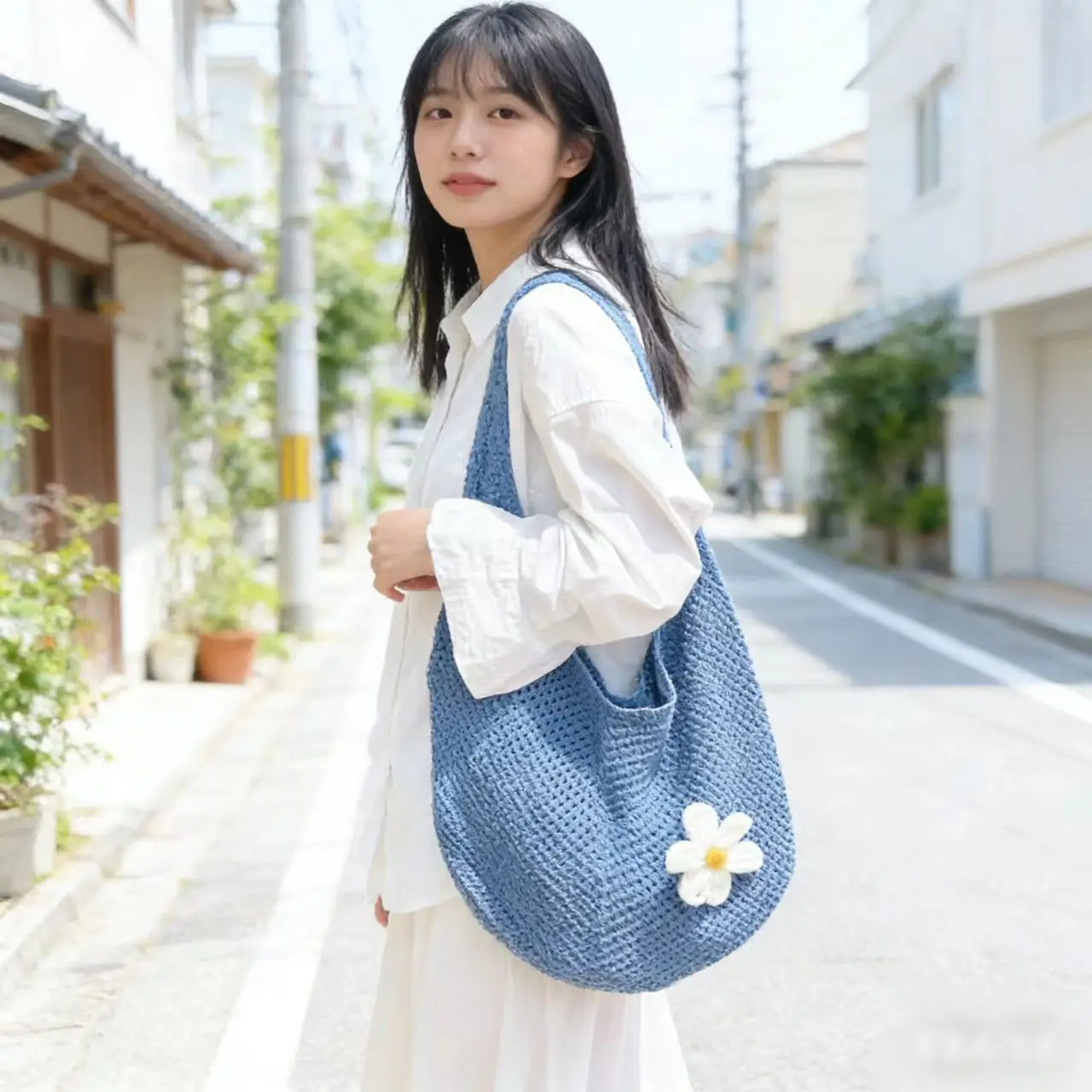 Women's Woven Straw Beach Bag with Flower Accent - Image 15