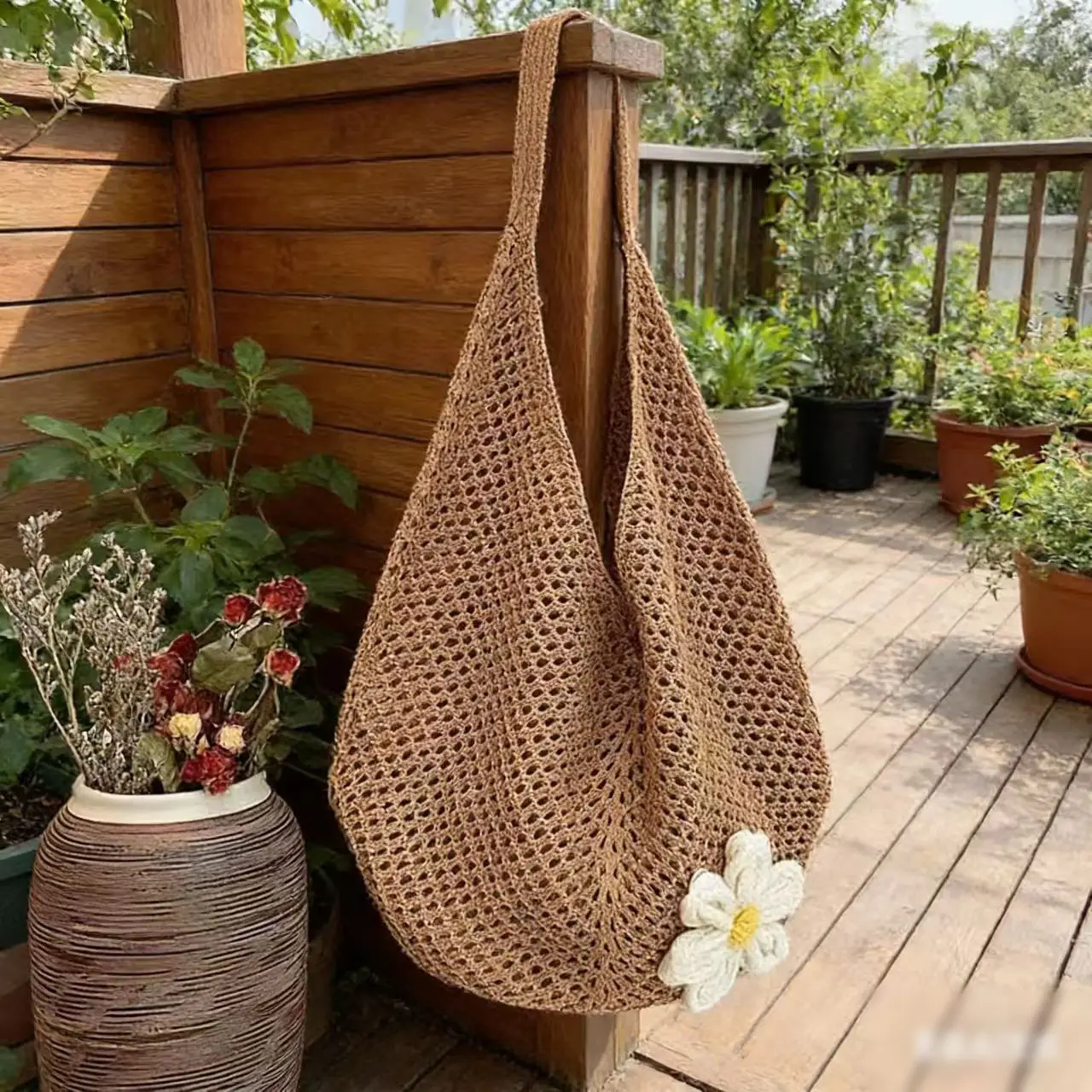 Women's Woven Straw Beach Bag with Flower Accent - Image 17