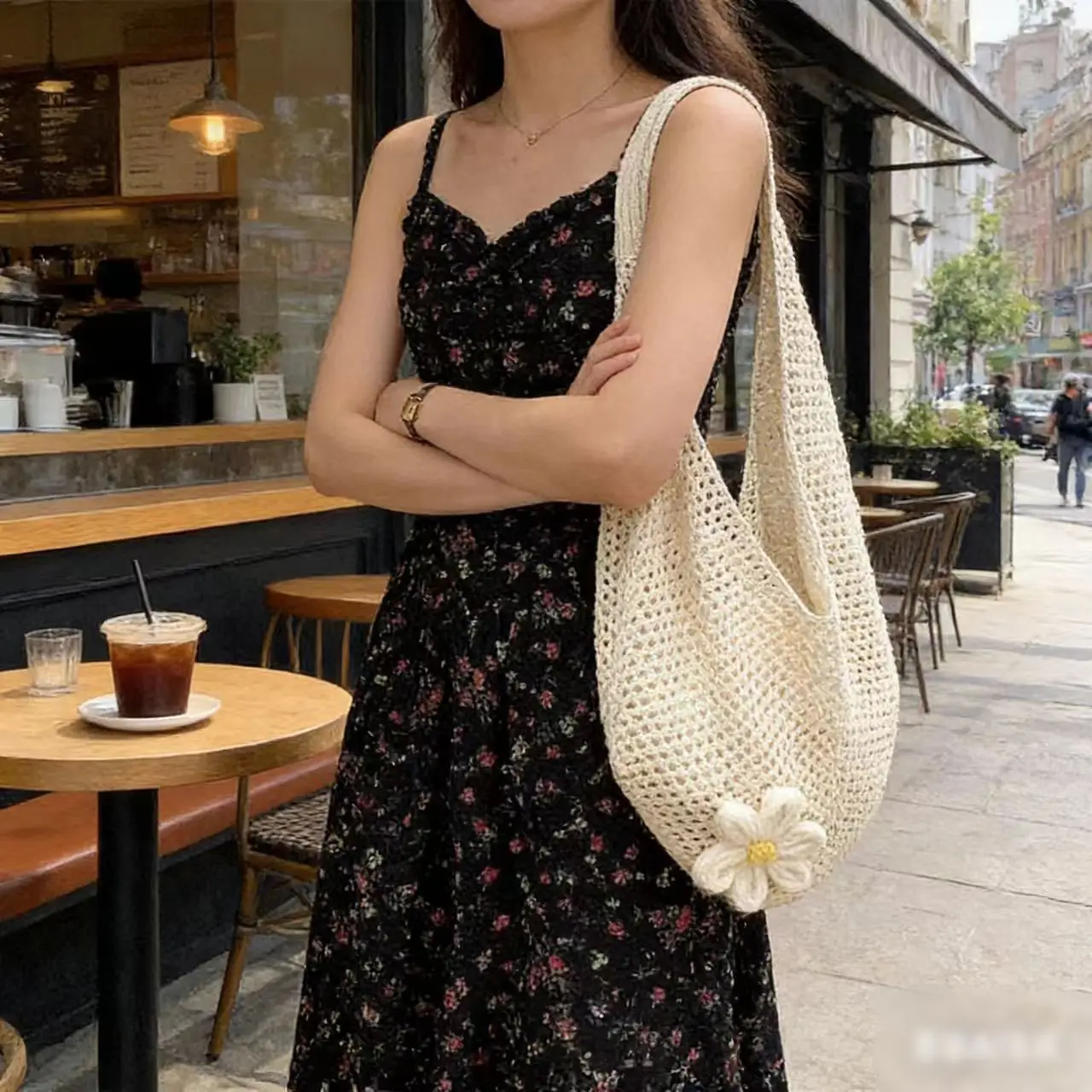Women's Woven Straw Beach Bag with Flower Accent - Image 18