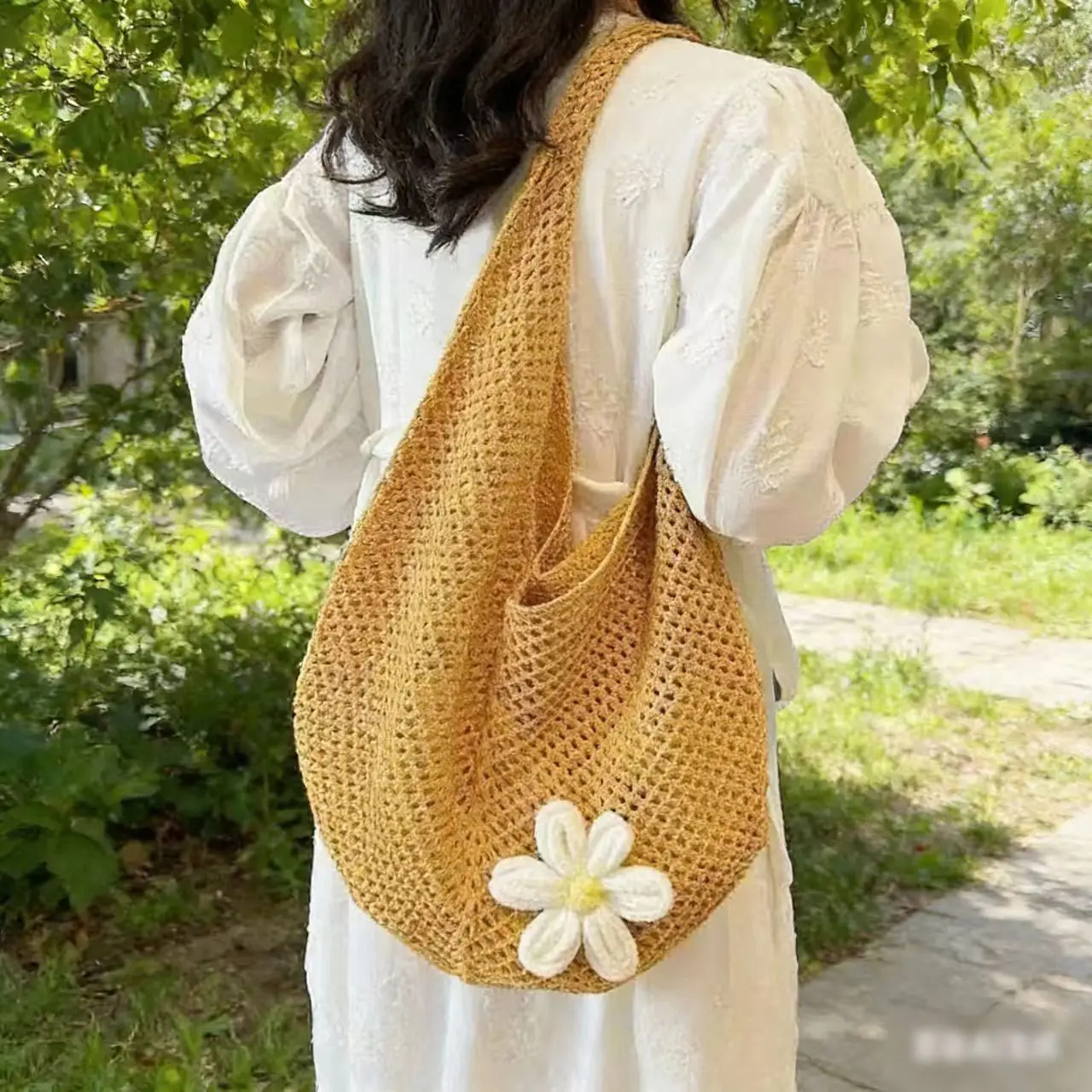 Women's Woven Straw Beach Bag with Flower Accent - Image 30